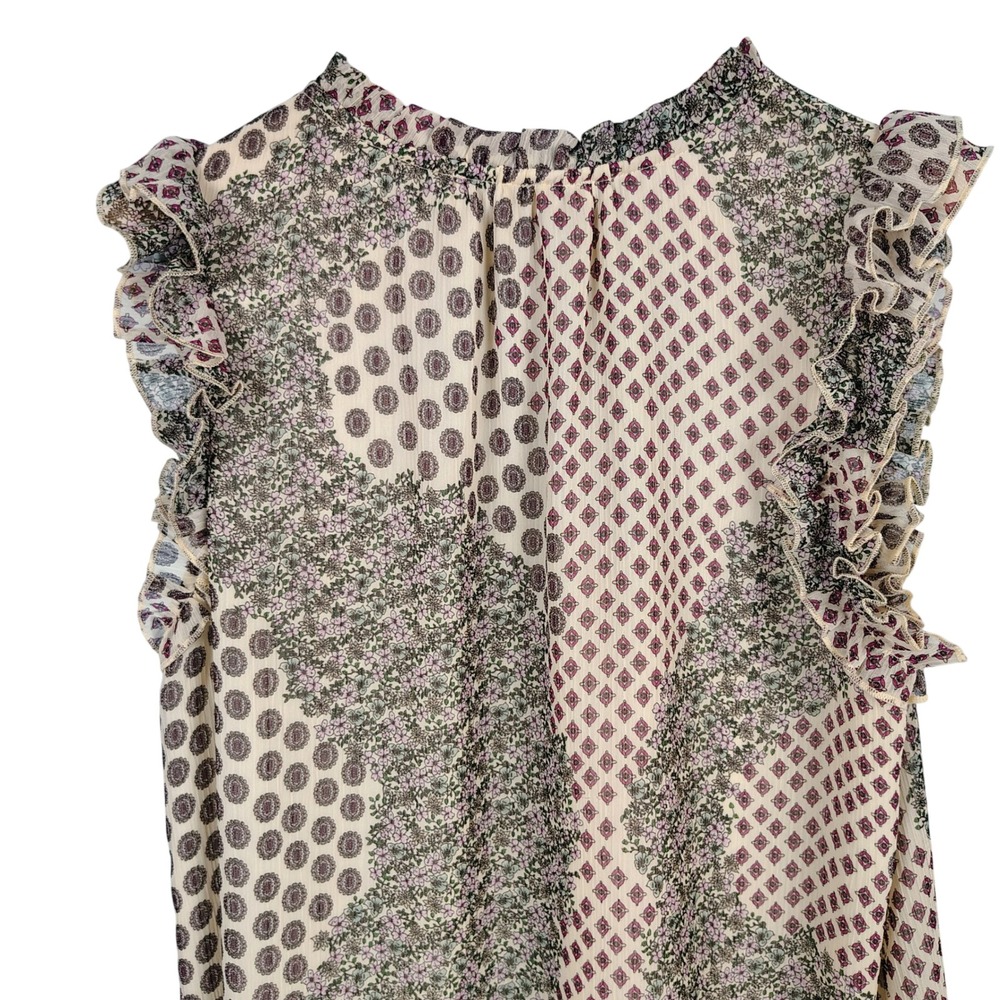 LOFT Womens M Sleeveless Ruffle Blouse Multicolor Floral Geometric Cottagecore